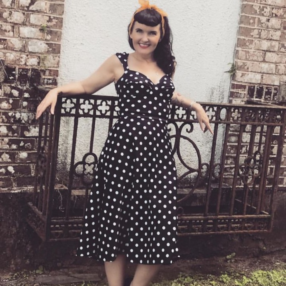 Bettie Page Roman Holiday Dress, Black and White Polka Dots, Size 6, Tea Length